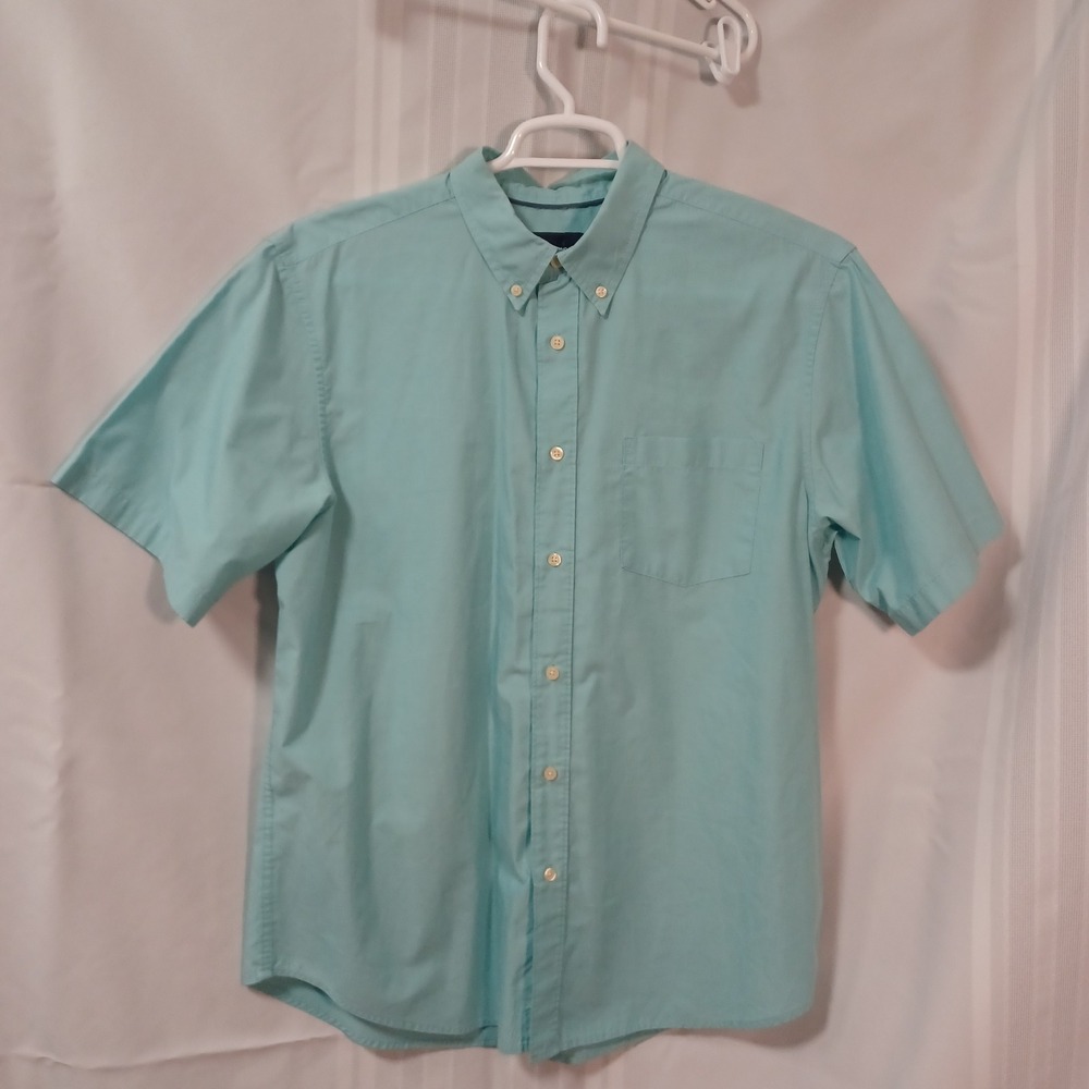Basic Editions Button Down Mens L Blue Short Sleeve Casual Cotton Blend Shirt